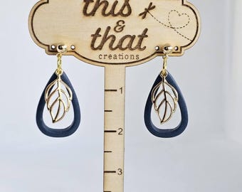 Navy teardrop dangle earring with gold leaf accent