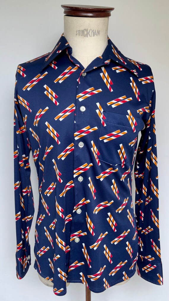 1970s big collar patterned shirt 16”
