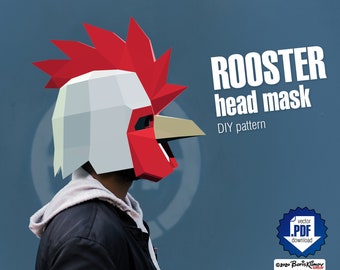 Rooster DIY 3d paper head mask pattern, digital layout PDF - A4