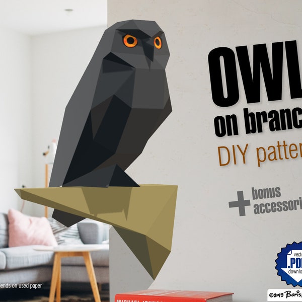 OWL on a branch with accessories DIY pattern layout
