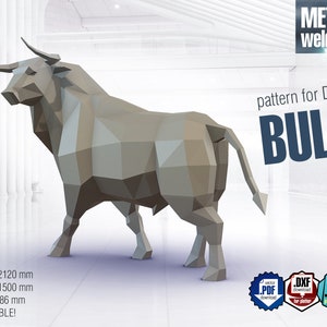 Bull Digital plan for DIY metal welding a low poly 3d model. Digital files .pdf scheme, .dxf CNC cutting, .pdo read only 3d view zdjęcie 1