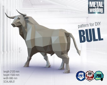 Bull! Digital plan for DIY metal welding a low poly 3d model. Digital files .pdf - scheme, .dxf - CNC cutting, .pdo (read only) - 3d view