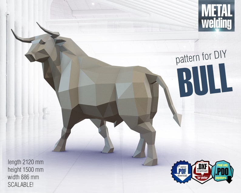 Bull Digital plan for DIY metal welding a low poly 3d model. Digital files .pdf scheme, .dxf CNC cutting, .pdo read only 3d view zdjęcie 1