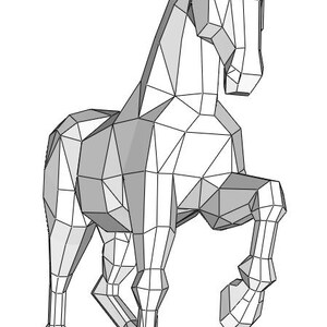 May include: A geometric illustration of a horse in a rearing pose. The artwork is rendered in a low-poly style, with the horse's form constructed from interconnected triangles and shaded in varying tones of gray and white.