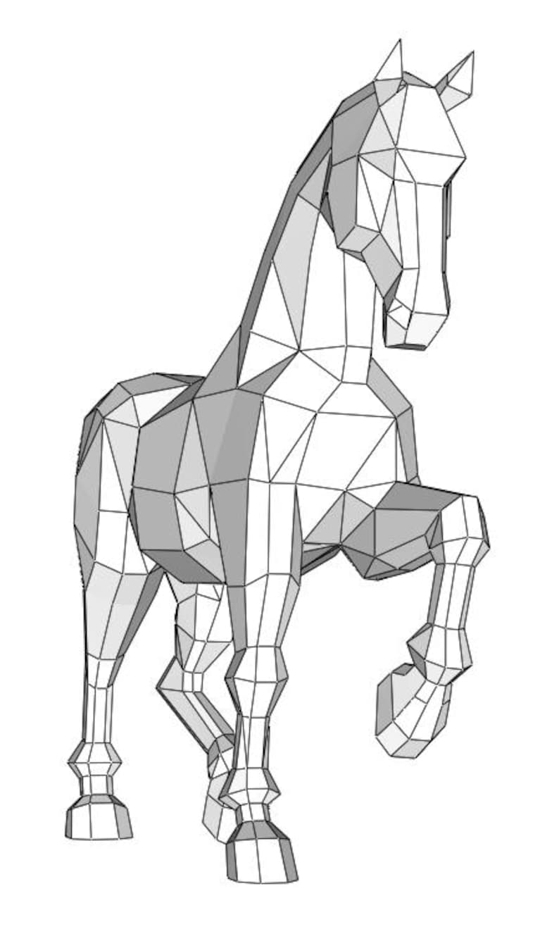 May include: A geometric illustration of a horse in a rearing pose. The artwork is rendered in a low-poly style, with the horse's form constructed from interconnected triangles and shaded in varying tones of gray and white.