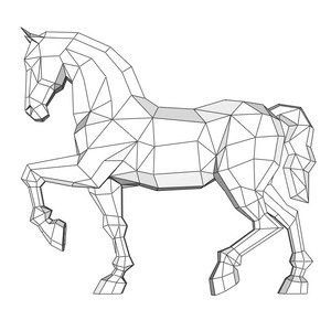 May include: A geometric line art illustration of a horse in a rearing pose. The horse is rendered in a series of interconnected lines, creating a polygonal effect. The artwork is in black and white, with a focus on the form and structure of the animal.