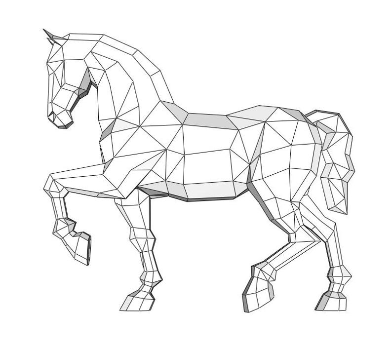 May include: A geometric line art illustration of a horse in a rearing pose. The horse is rendered in a series of interconnected lines, creating a polygonal effect. The artwork is in black and white, with a focus on the form and structure of the animal.