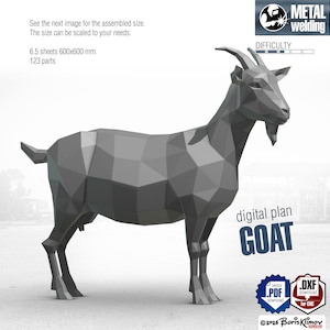 May include: A low-poly geometric goat sculpture made of metal, featuring 123 parts from 6.5 sheets measuring 600x600 mm. The digital plan includes text labels for metal welding, difficulty, and the title GOAT, with PDF and DXF download icons.