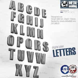 Op de afbeelding: Een 3D-weergave van het alfabet in een grijze, geometrische stijl. De letters zijn in rijen en kolommen gerangschikt, met de tekst "digital plan LETTERS" eronder. De hoogte is 50 cm en de diepte is 11 cm.
