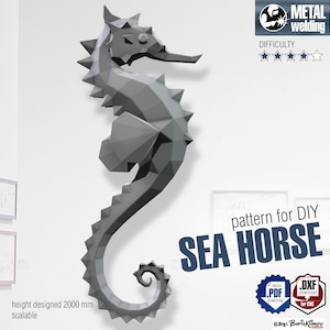 May include: A grey, geometric seahorse sculpture, designed for DIY metal welding. The pattern is scalable and designed to be 2000 mm in height. The image includes the text "SEA HORSE" and "METAL welding".