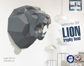 May include: A digital download pattern for a DIY metal lion trophy head. The pattern is for welding and is 7.55 inches tall and 6.62 inches wide. The image shows a 3D model of the lion head.