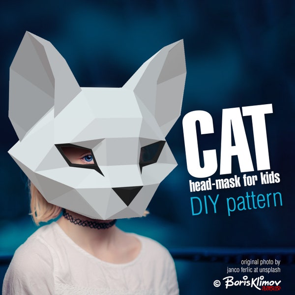 Masque de tête de chat 3d pour les enfants, disposition de bricolage, modèle numérique pour papercraft. Modèle à assembler. PDF pour A4. Masque en papier.