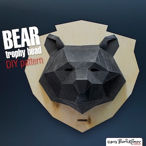 Bear 3d trophy head, DIY layout, digital pattern for papercraft. Model for assembling. PDF for A4. Paper mask.