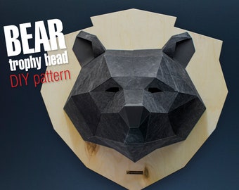Bear 3d trophy head, DIY layout, digital pattern for papercraft. Model for assembling. PDF for A4. Paper mask.