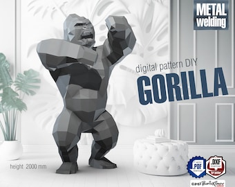 Gorilla! Digitaal plan voor het doe-het-zelf metaallassen van een laag poly 3D-model. Schema .pdf, CNC-snijden .dxf