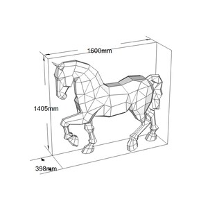 May include: A geometric, low-poly style sculpture of a horse in a standing pose. The dimensions are 63 inches long, 55 inches high, and 15.7 inches wide. The artwork is rendered in a wireframe style, with measurements displayed.