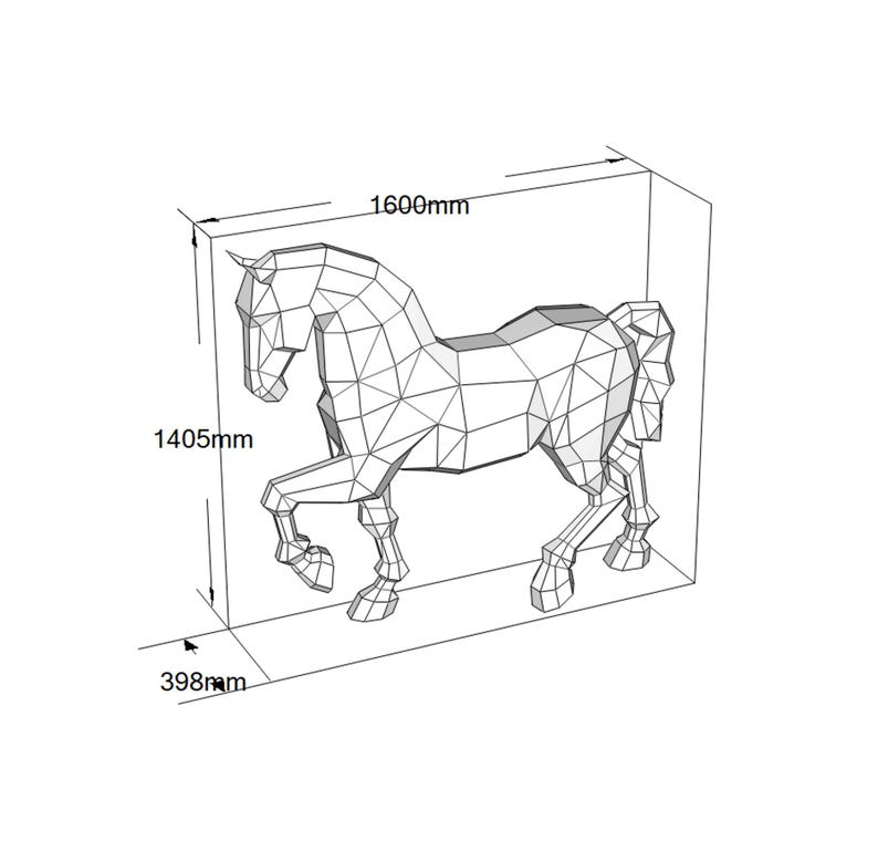 May include: A geometric, low-poly style sculpture of a horse in a standing pose. The dimensions are 63 inches long, 55 inches high, and 15.7 inches wide. The artwork is rendered in a wireframe style, with measurements displayed.