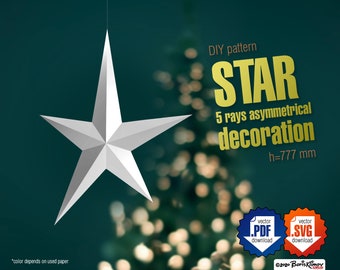 Star 5 rays asymmetrical 777 mm tall Christmas DIY 3d decoration papercraft, digital pattern pdf, svg