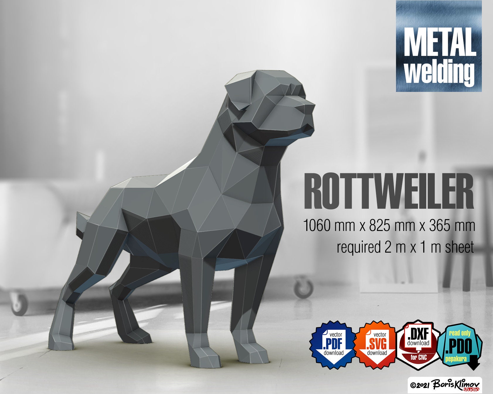 Modèle 3D Rottweiler DIY soudure de métal low poly modèle numérique. pdf  schéma d'assemblage, svg, dxf. découpe CNC, AOP -  France