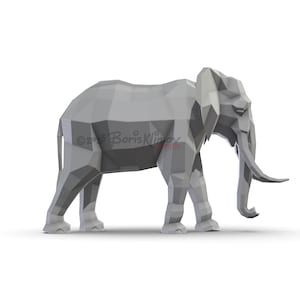 May include: A gray, geometric elephant sculpture with a polygonal design. The elephant has large tusks and is standing on a white surface. The sculpture is a modern take on the classic animal form.