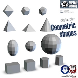 Puede incluir: Una colección de formas geométricas grises, incluyendo pirámides, esferas y prismas, se muestra sobre un fondo blanco. La imagen incluye el texto "Geometric shapes" y "digital plan". La imagen también incluye el texto "METAL welding" y "DXF download for CNC".