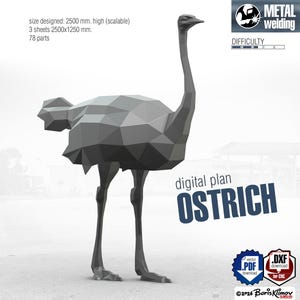 Op de afbeelding: Een digitaal plan voor een geometrische, low-poly metalen struisvogelsculptuur. Het ontwerp bevat 78 onderdelen, vereist 3 platen van 2500x1250 mm en is ontworpen voor een hoogte van 2500 mm. Tekst bevat 'digital plan OSTRICH' en 'METAL welding'.