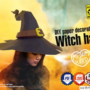 Cappello da strega. Accessori di carta 3D per Halloween, layout di carta fai da te, modello digitale. Modello per l'assemblaggio .pdf .dxf .svg per A4