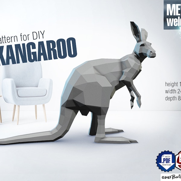 Kangaroo digital plan for DIY metal welding low poly 3d model in formats .pdf .dxf