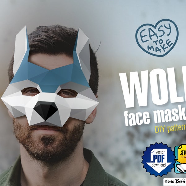 Modello di maschera facciale in carta 3d fai da te lupo, layout digitale