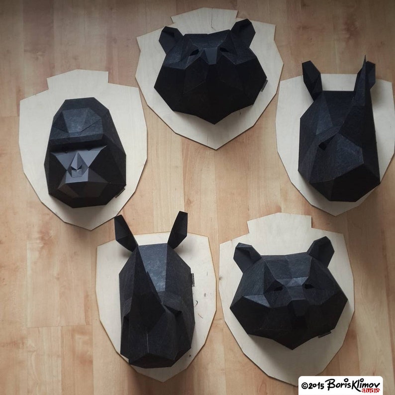 Paper mask. digital pattern for papercraft Gorilla 3d trophy head Model for assembling PDF for A4 DIY layout