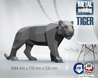 May include: A gray metal tiger sculpture in a low-poly style. The sculpture is 1844 mm x 778 mm x 530 mm. The image includes the text "METAL welding TIGER".