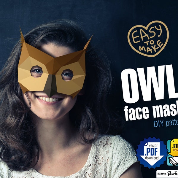 Owl DIY 3d paper face mask pattern, digital layout