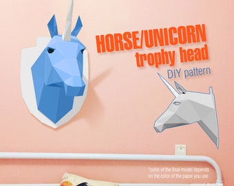 Horse / Unicorn trophy head 3d model, DIY layout, digital pattern for papercraft. Model for assembling. PDF for A4. Paper mask.