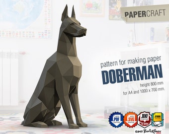 Doberman 3d paper sculpture, DIY layout, digital pattern for papercraft. Model for assembling. PDFs for A4 and 1000x700 mm. sheets