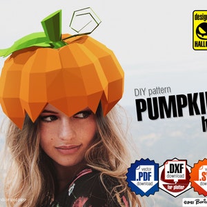 May include: A DIY papercraft pattern for a pumpkin hat. The pattern is available in PDF, DXF, and SVG formats. The image shows a woman wearing the finished hat.