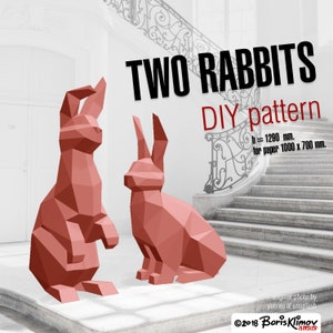 Rabbit and bunny, paper 3d sculpture, DIY layout pattern. Decor figures. For paper 1000x700 mm.