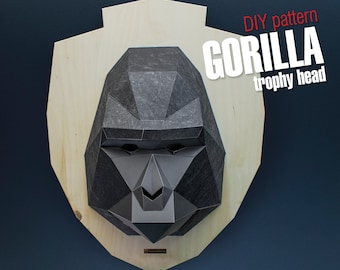 Gorilla 3d trophy head, DIY layout, digital pattern for papercraft. Model for assembling. PDF for A4. Paper mask.