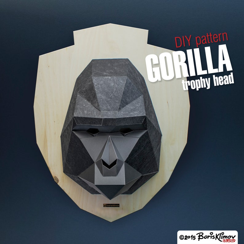 Paper mask. digital pattern for papercraft Gorilla 3d trophy head Model for assembling PDF for A4 DIY layout