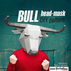 BULL 3d head mask, DIY layout, digital pattern for papercraft. Model for assembling. PDF for A4. Paper mask.