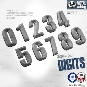 May include: A collection of grey, geometric numbers from zero to nine. The image includes the text "digital plan DIGITS" and "METAL welding". The numbers are designed to be 50 cm in height and 11 cm in depth.