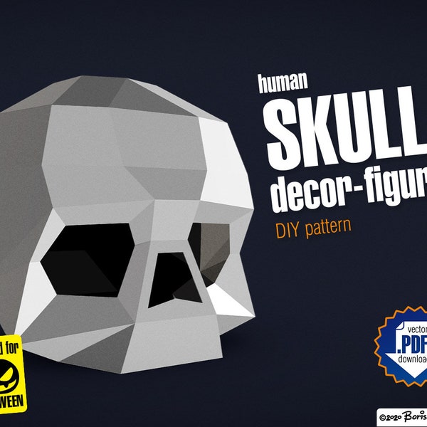 Skull human - Halloween paper decoration, DIY papercraft layout, digital pattern. Model for assembling. PDF for A4.