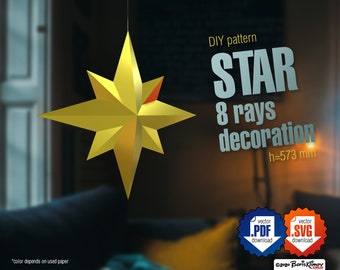 Star 8 rays  570 mm tall Christmas DIY 3d decoration papercraft, digital pattern pdf, svg