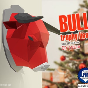 Bull trophy head 3d model, DIY layout, pattern for paper craft. PDF for A4