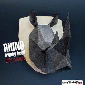 Rhino 3d trophy head, DIY layout, digital pattern for papercraft. Model for assembling. PDF for A4.