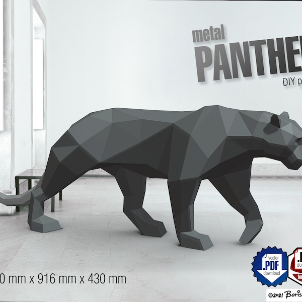 Modèle 3D low poly de soudure de métal de Panther DIY, modèle numérique. .PDF, .dxf Jaguar, puma, léopard, chat noir.