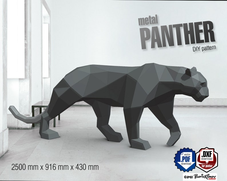 Panther DIY metal welding low poly 3d model, digital pattern. .PDF, .dxf Jaguar, Cougar, Leopard, black cat. image 1