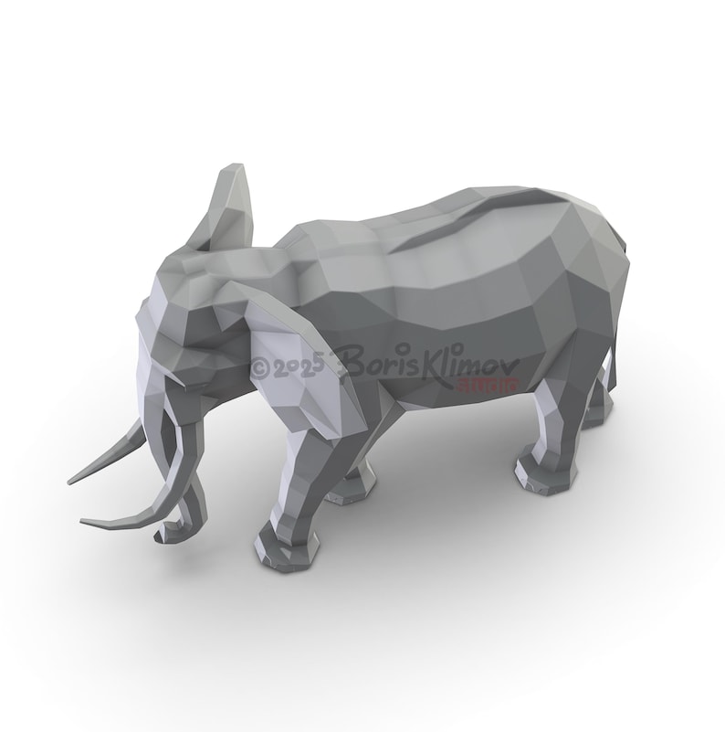 May include: A gray, geometric elephant sculpture with large tusks and a raised trunk. The sculpture is made of multiple flat planes, giving it a polygonal appearance. The text "&copy;2025 Boris Klimov" is visible on the side.