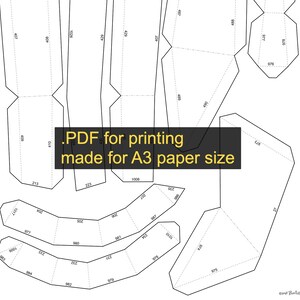 May include: A black and white diagram of a papercraft template with dotted lines and numbers. The text on the image says ".PDF for printing made for A3 paper size".