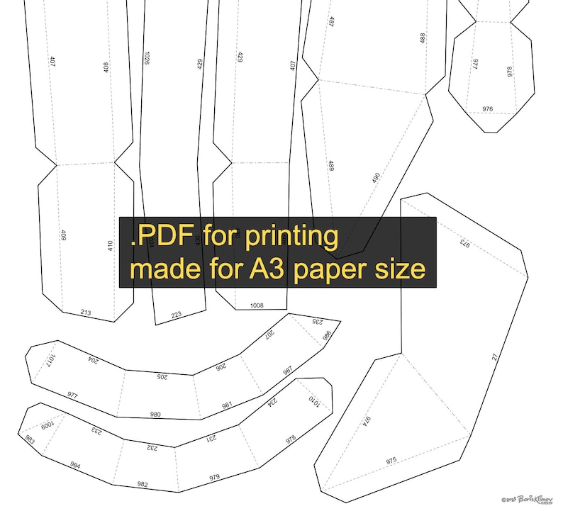 May include: A black and white diagram of a papercraft template with dotted lines and numbers. The text on the image says ".PDF for printing made for A3 paper size".