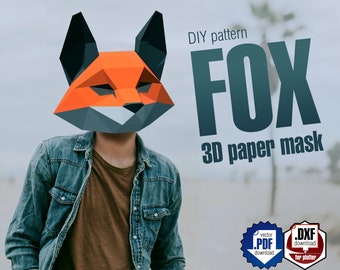 Fox 3d paper mask, DIY layout, digital papercraft pattern for assembling. PDF, DXF for A4.